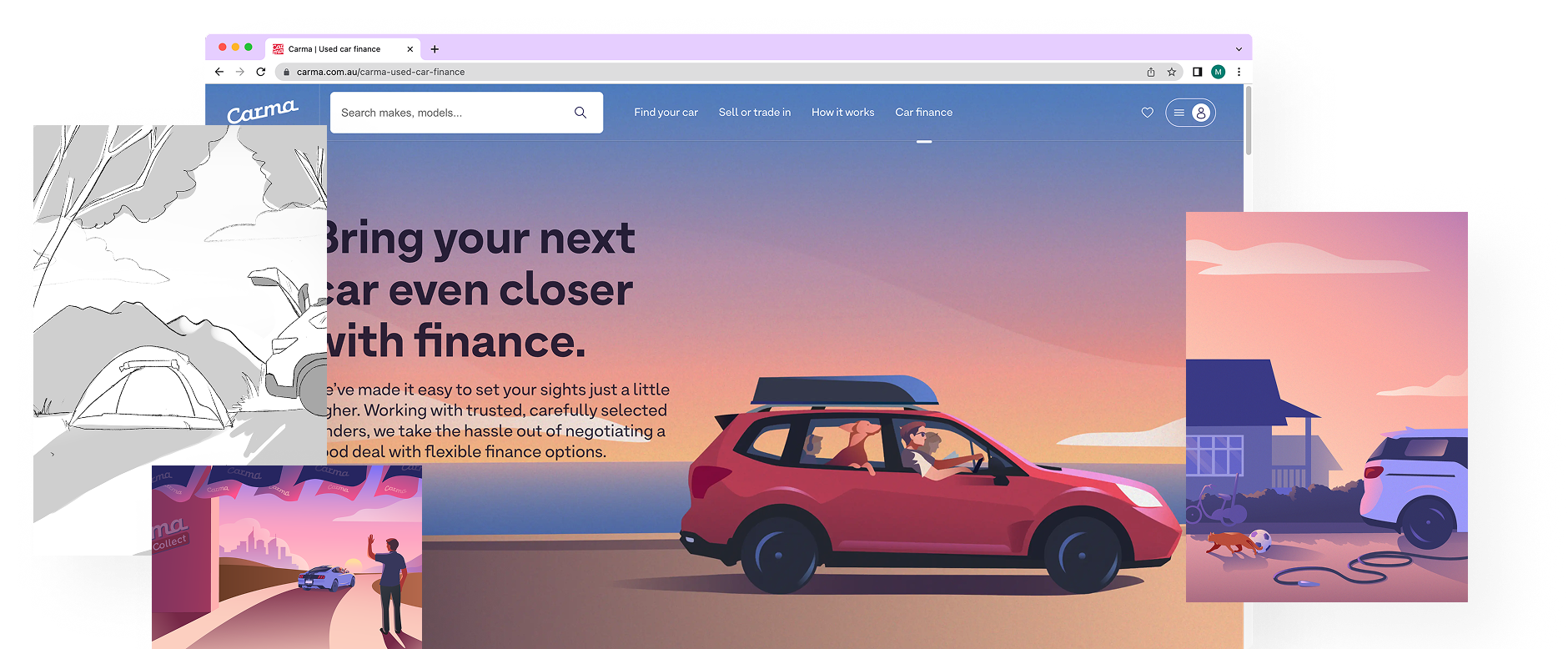 Collage of Carma landing-page mockups: a red car on a warm sunset gradient, surrounded by the marketplace UI panels.